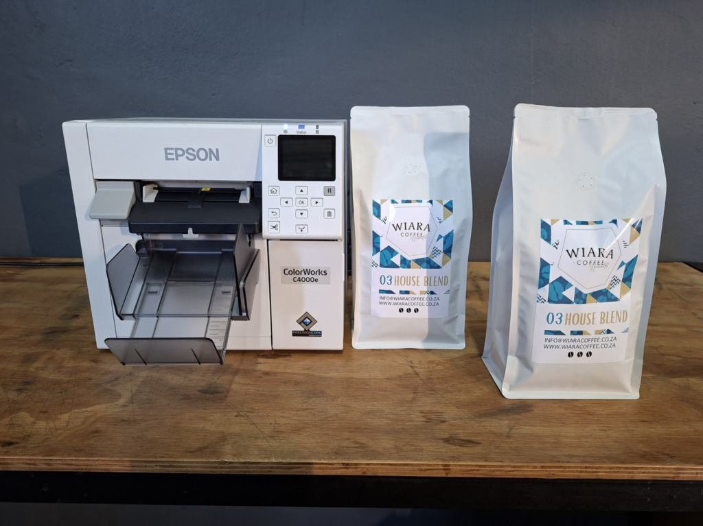 Epson ColorWorks CW-C4000 with Wiara Coffee packets